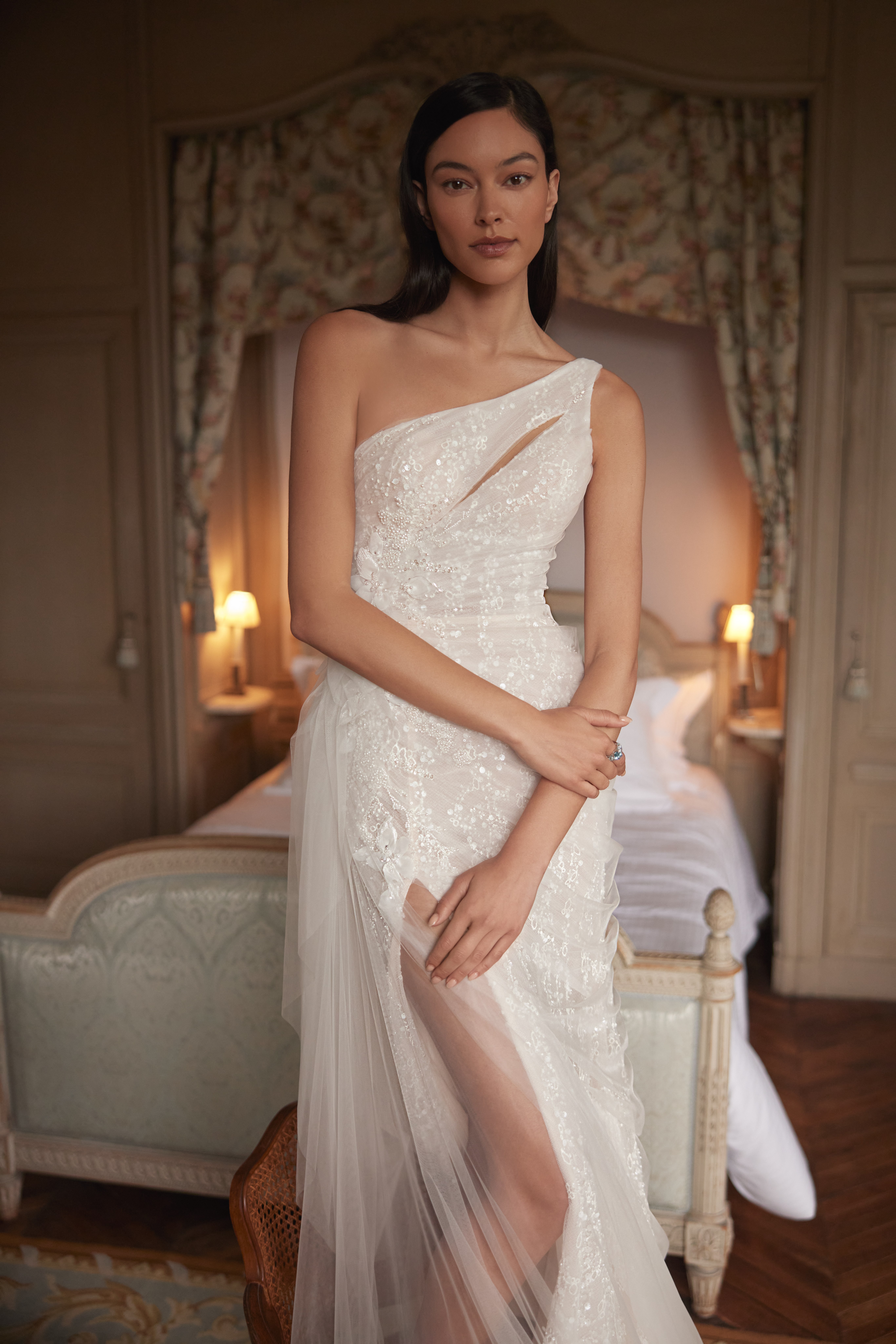 open lace back dress Darla Feather Gathered One Shoulder Dress