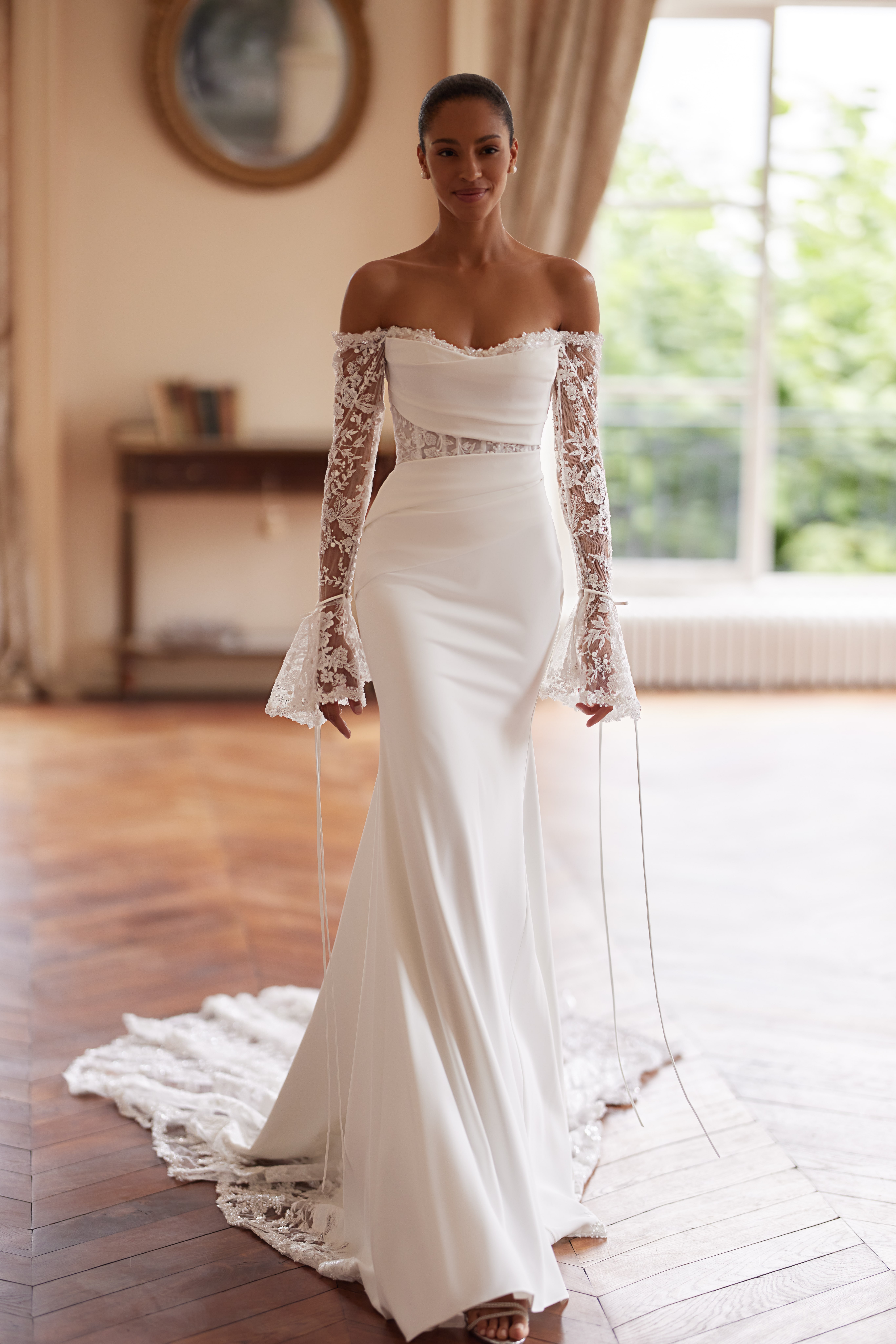 white christmas dresses Boat Neck Lace A-Line Wedding Dress with Long Sleeves Button Back Swee –  VOS LEE