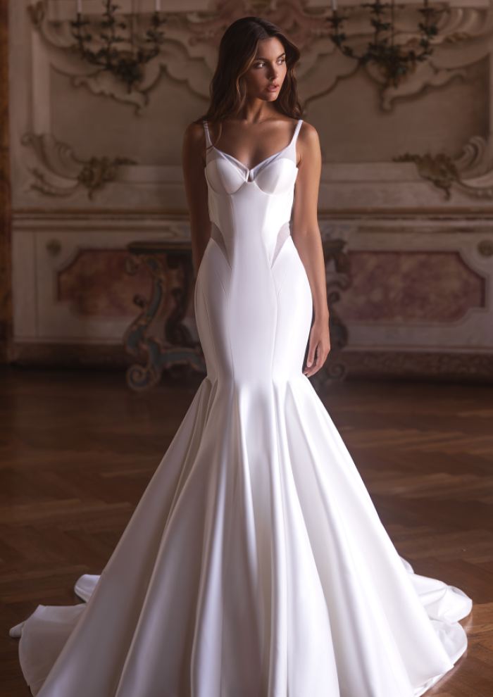 fitted mikado wedding dress Elegant Mikado Fitted Wedding Dress with Slit and Removable Straps Namie 6US/38FR/10UK / Milk / No main image 1