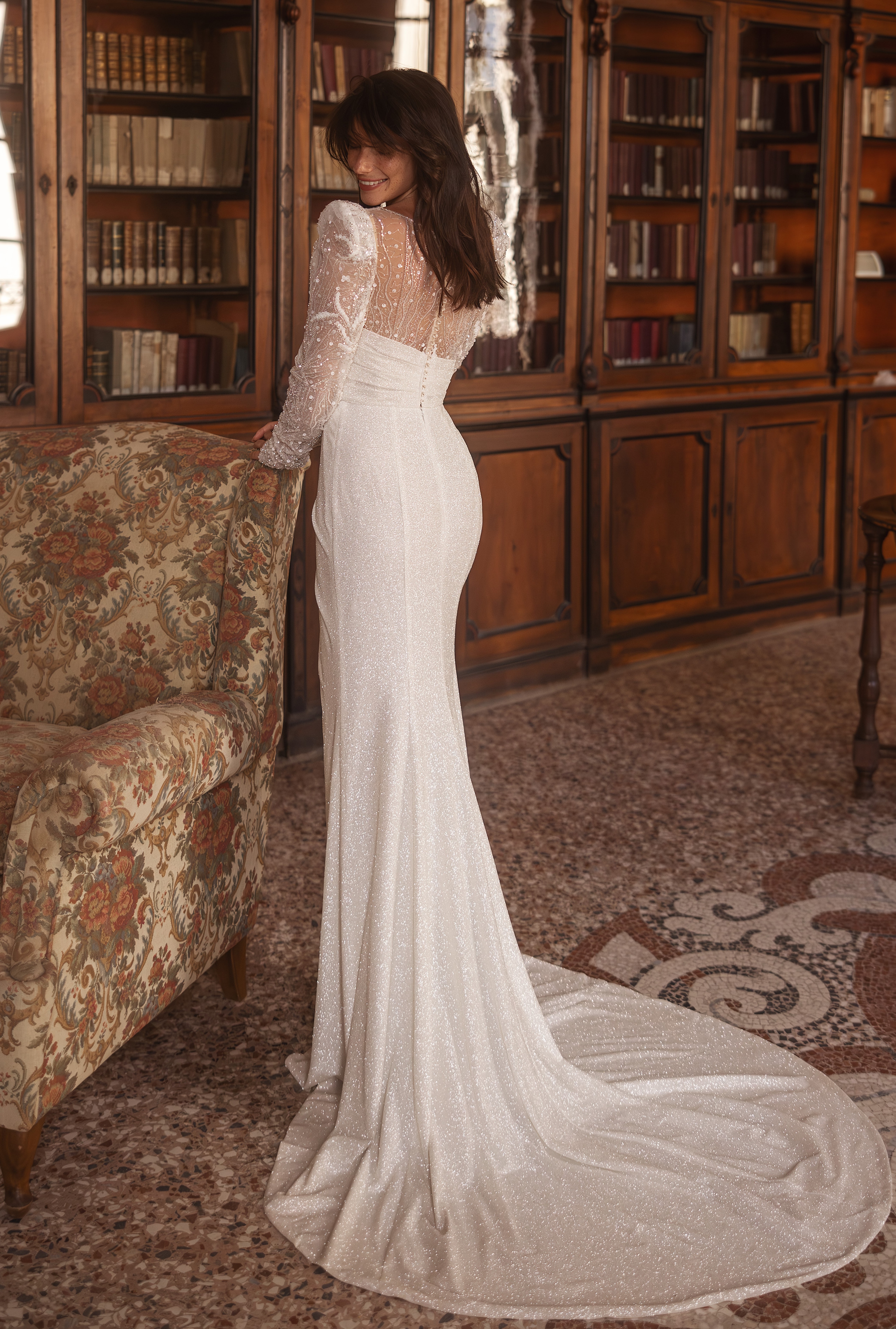 long sleeve wedding dress button back Long Sleeve Satin Mermaid White/Ivory Wedding Dress Open Back Button Bridal  Gown