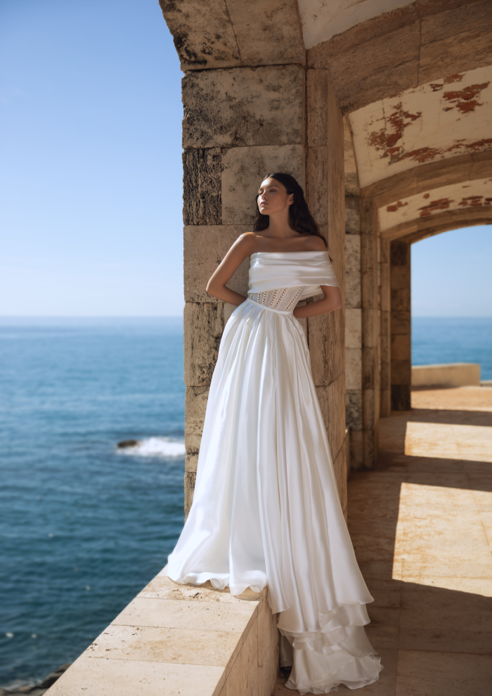 asymmetric neckline wedding dress Elegant Satin Mermaid Wedding Dress with Train – Viniodress main image 0